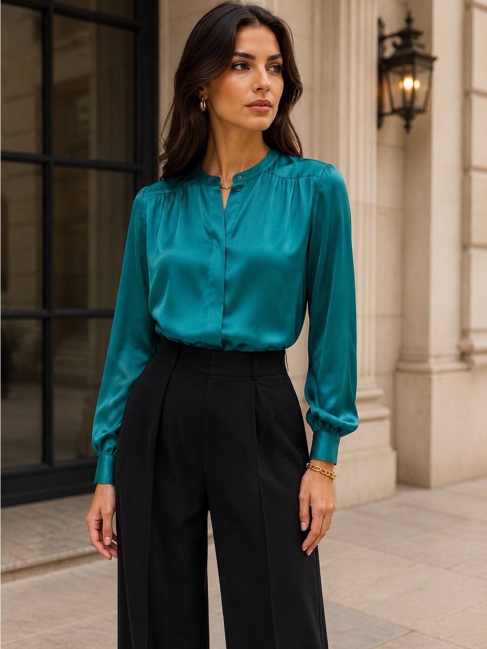 Vintage Oscar de la Renta Size 12 Teal Satin Long-Sleeve Button-Down Blouse